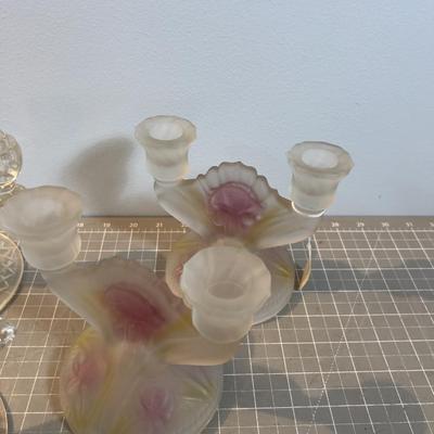 Glass Candelabras (6 ) 1 set is fronted Iris and Herringbone