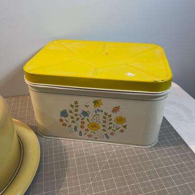 2 Tins; Cake Pan, Yellow and Floral, Bread 