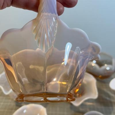 Duncan Miller Canterbury Pink Opalescent (7) Pieces, Including Small Bride Basket