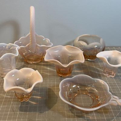 Duncan Miller Canterbury Pink Opalescent (7) Pieces, Including Small Bride Basket