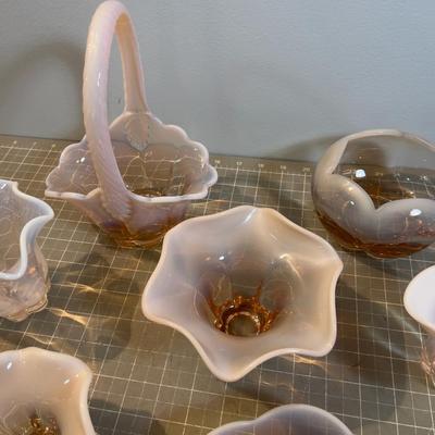 Duncan Miller Canterbury Pink Opalescent (7) Pieces, Including Small Bride Basket