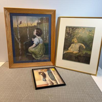Framed Prints of Children Blue Birds and Puppy. 