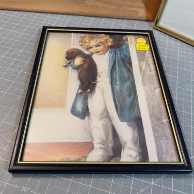 Framed Prints of Children Blue Birds and Puppy. 
