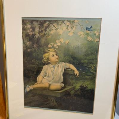 Framed Prints of Children Blue Birds and Puppy. 