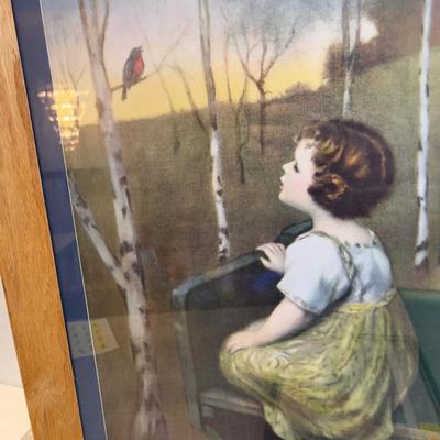 Framed Prints of Children Blue Birds and Puppy. 