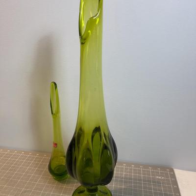Green Viking Glass Lot 2 vases and 2 Pedestal Bowls