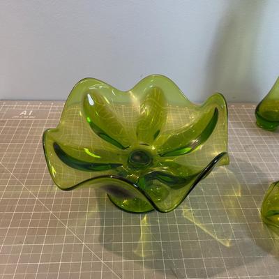 Green Viking Glass Lot 2 vases and 2 Pedestal Bowls