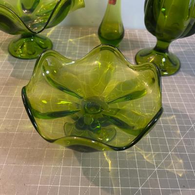 Green Viking Glass Lot 2 vases and 2 Pedestal Bowls