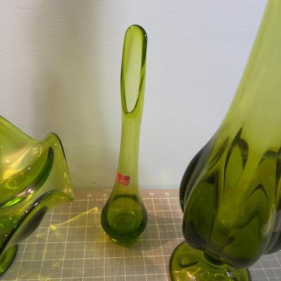 Green Viking Glass Lot 2 vases and 2 Pedestal Bowls