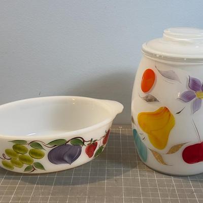Fire King Casserole & Glass Painted Jar