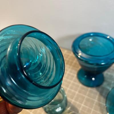 Blue Tea Cup, Saucers, Sugar Hand Blown Swirl Design BLUE 