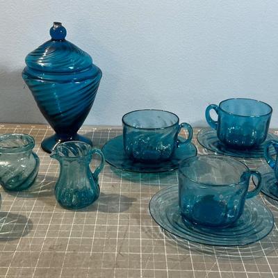 Blue Tea Cup, Saucers, Sugar Hand Blown Swirl Design BLUE 