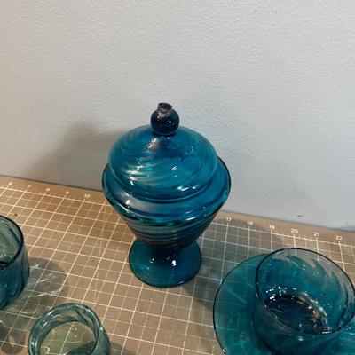 Blue Tea Cup, Saucers, Sugar Hand Blown Swirl Design BLUE 