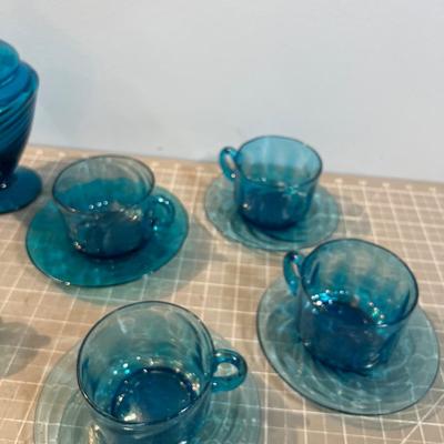 Blue Tea Cup, Saucers, Sugar Hand Blown Swirl Design BLUE 