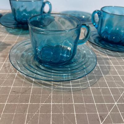Blue Tea Cup, Saucers, Sugar Hand Blown Swirl Design BLUE 