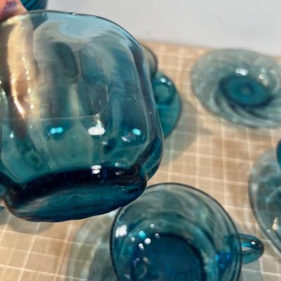 Blue Tea Cup, Saucers, Sugar Hand Blown Swirl Design BLUE 