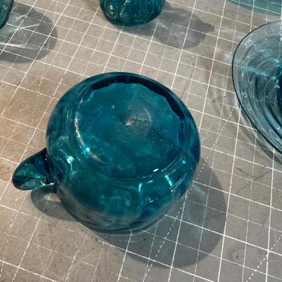 Blue Tea Cup, Saucers, Sugar Hand Blown Swirl Design BLUE 