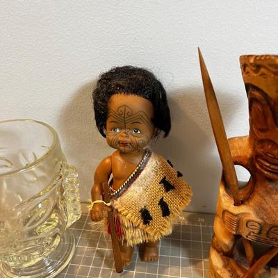 Tiki Wood Carved, Moria Dolls, Glass Tiki Mug
