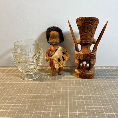 Tiki Wood Carved, Moria Dolls, Glass Tiki Mug
