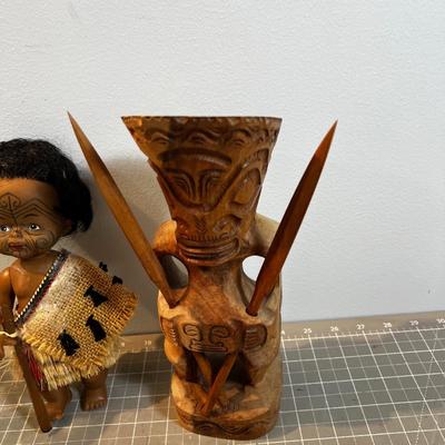 Tiki Wood Carved, Moria Dolls, Glass Tiki Mug