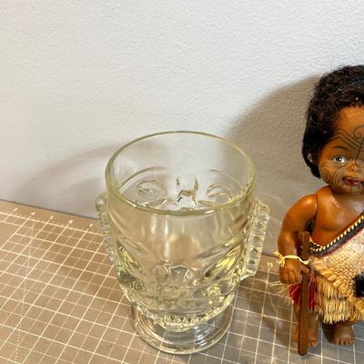 Tiki Wood Carved, Moria Dolls, Glass Tiki Mug