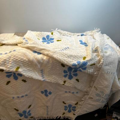 Blue & Green, White, Polyester Channel Bed Spread 