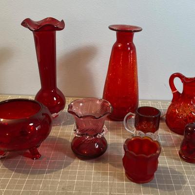 Large Lot of Lovely RED Glass Vases, Crackle, Cranberry, Ruby Red, Viking, Flash Glass