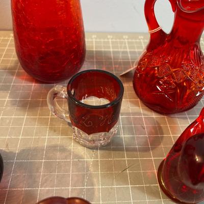 Large Lot of Lovely RED Glass Vases, Crackle, Cranberry, Ruby Red, Viking, Flash Glass
