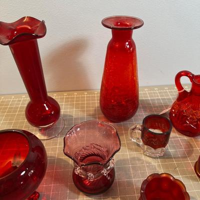 Large Lot of Lovely RED Glass Vases, Crackle, Cranberry, Ruby Red, Viking, Flash Glass
