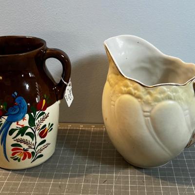 2 Ceramic Pitchers - Blue Bird and White / Yellow 