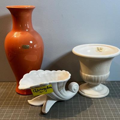 3 pieces of Pottery, Cornucopia and 2 vases. 