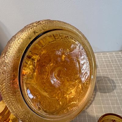 Amber Decanter, Server and Cups,  by TIARA Sandwich Glass 