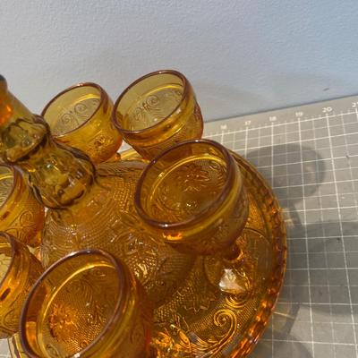 Amber Decanter, Server and Cups,  by TIARA Sandwich Glass 