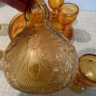 Amber Decanter, Server and Cups,  by TIARA Sandwich Glass 