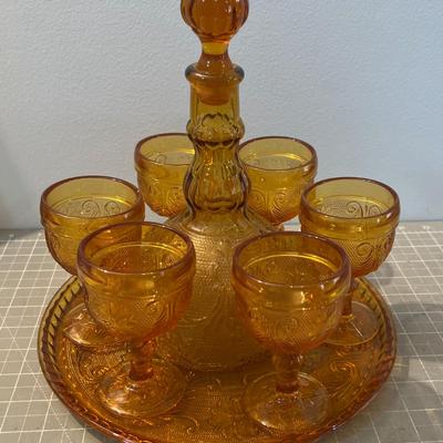 Amber Decanter, Server and Cups,  by TIARA Sandwich Glass 