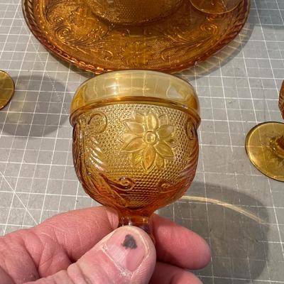 Amber Decanter, Server and Cups,  by TIARA Sandwich Glass 