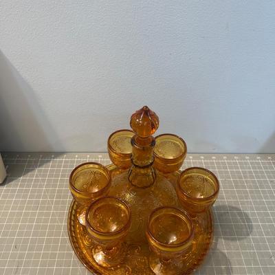 Amber Decanter, Server and Cups,  by TIARA Sandwich Glass 