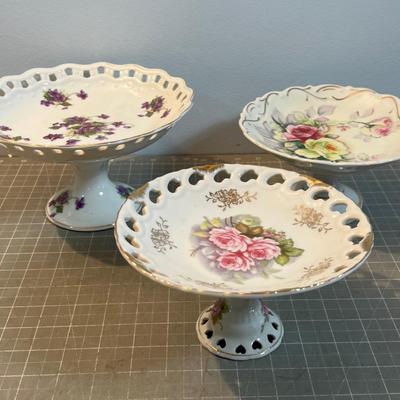 3 Porcelain Footed Pedestal Fancy Serving Dishes 