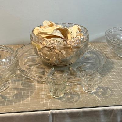 Crystal Punch Bowl with Lovely Platter and Cups!  Plus matching Serving Bowls. Time for a Shower!!