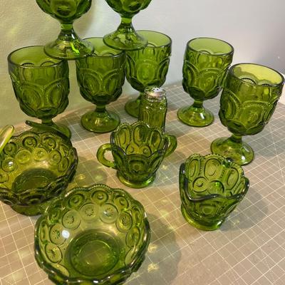 Lot of Fabulous L E Smith Moon & Stars  GREEN Goblets, S&P, Cream & Sugar, Candy