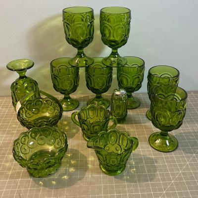 Lot of Fabulous L E Smith Moon & Stars  GREEN Goblets, S&P, Cream & Sugar, Candy