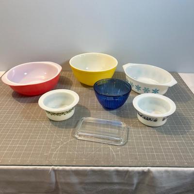 PYREX - 7 pc.  Mixed Lot; Red, Yellow, Snow Flake, Daisy Green Flower, Black Butter 