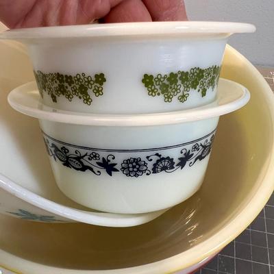 PYREX - 7 pc.  Mixed Lot; Red, Yellow, Snow Flake, Daisy Green Flower, Black Butter 