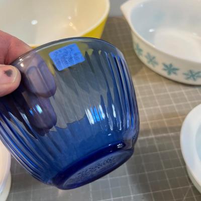 PYREX - 7 pc.  Mixed Lot; Red, Yellow, Snow Flake, Daisy Green Flower, Black Butter 