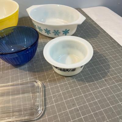 PYREX - 7 pc.  Mixed Lot; Red, Yellow, Snow Flake, Daisy Green Flower, Black Butter 