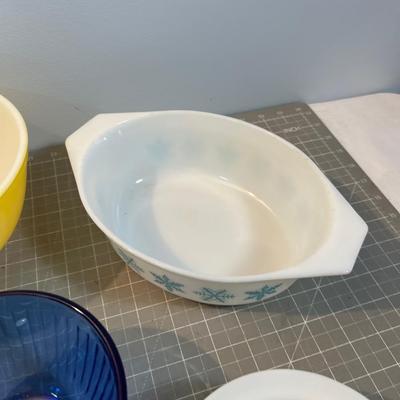PYREX - 7 pc.  Mixed Lot; Red, Yellow, Snow Flake, Daisy Green Flower, Black Butter 