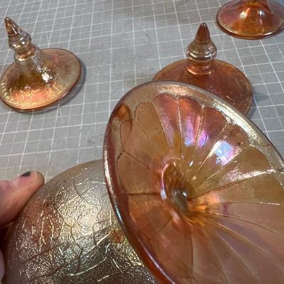 2 Jeanette Carnival Glass   Crackel Lidded Candy Jars 