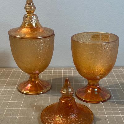 2 Jeanette Carnival Glass   Crackel Lidded Candy Jars 