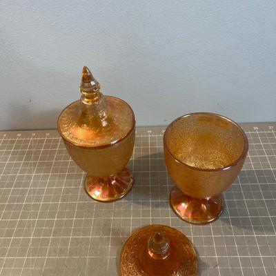 2 Jeanette Carnival Glass   Crackel Lidded Candy Jars 