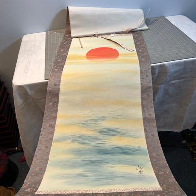 Silk Painting Scroll - Sun over the Ocean. Signed 
